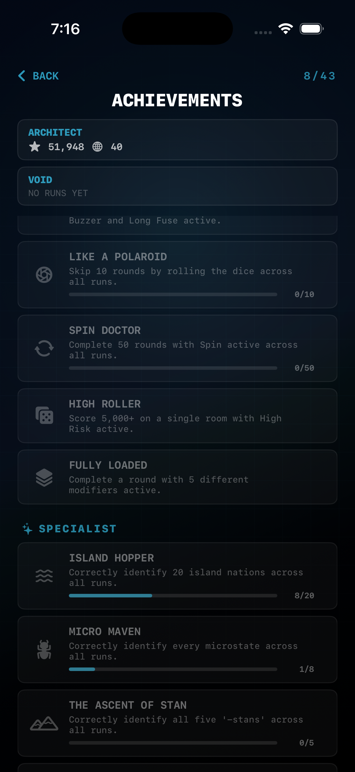 Achievements screen showing specialist and mode-specific goals
