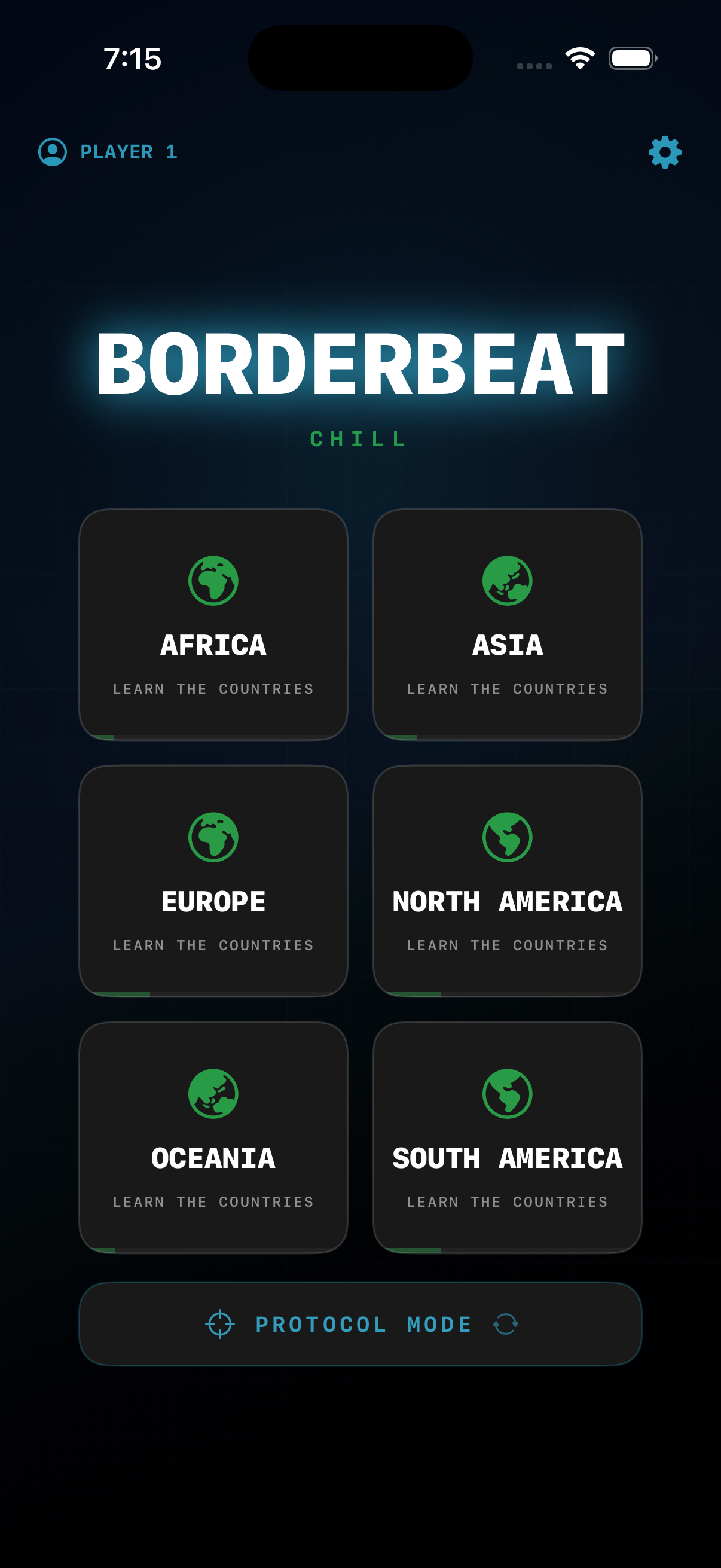 Chill mode with six continent options for practice