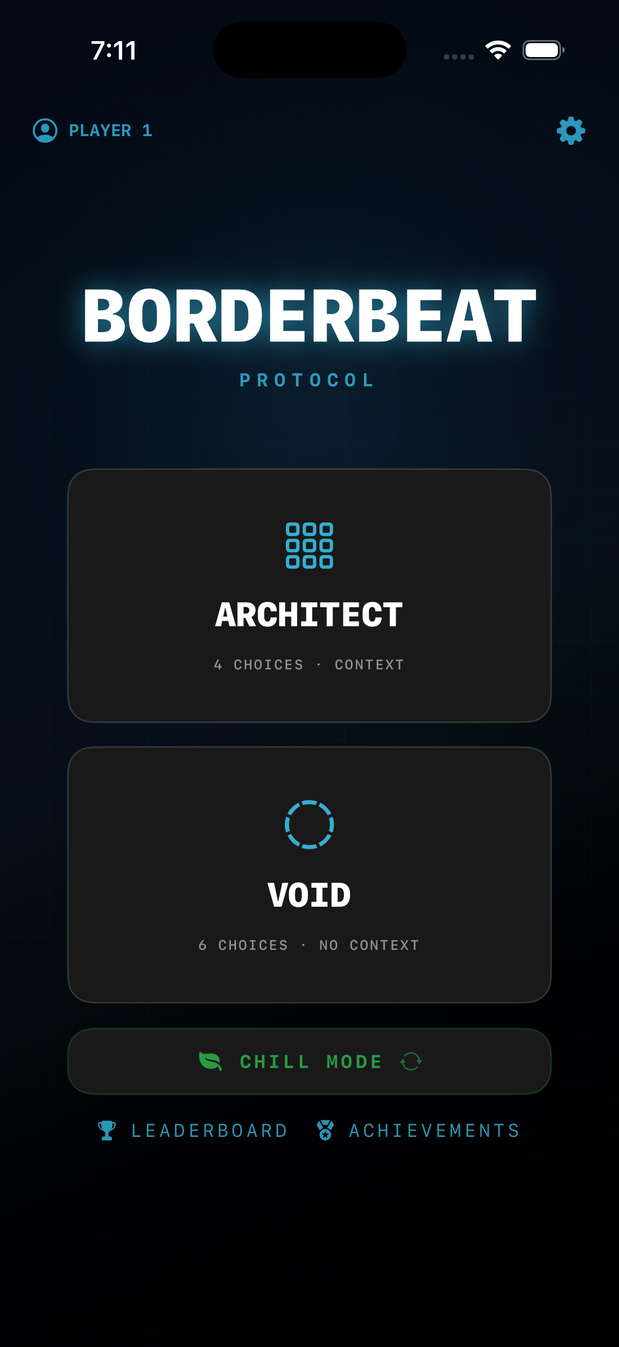 BorderBeat main menu with Architect and Quotidian protocol selection
