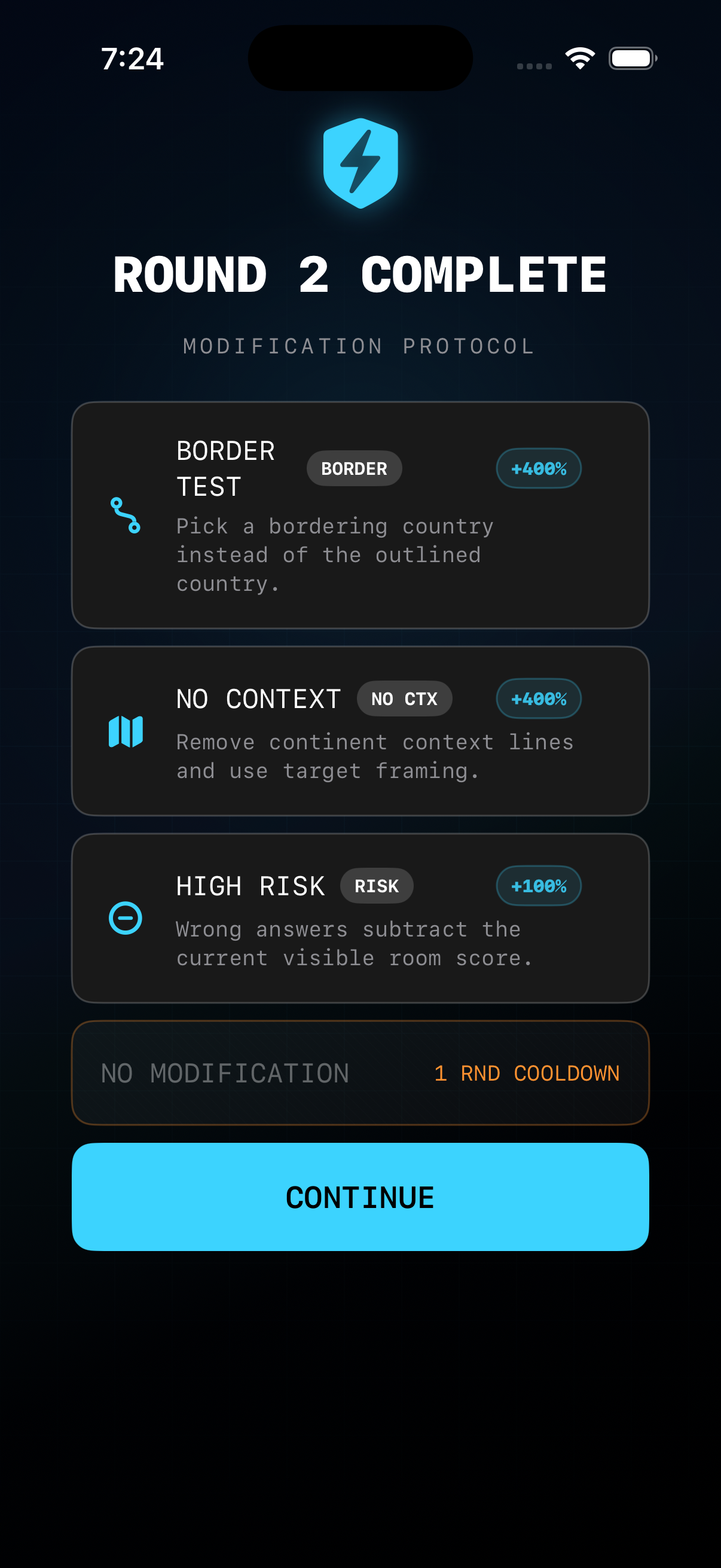 Round complete screen showing three modifier cards to draft