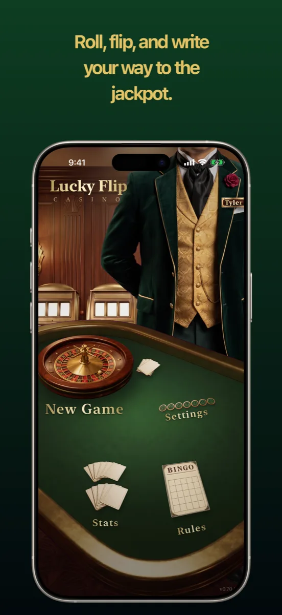 The Lucky Flip Casino main menu: a casino tabletop where a roulette wheel, score pad, bingo card, and clover pile are the buttons.