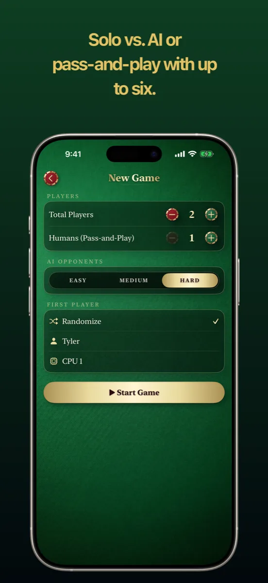 The new game setup screen, choosing seats, human players, and AI difficulty.