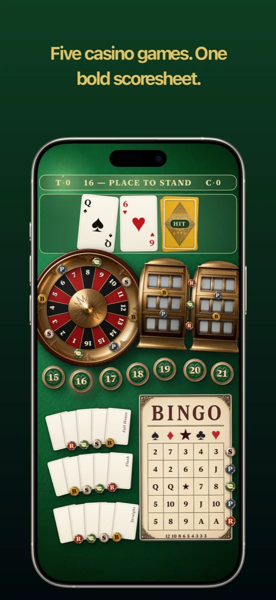 The game board: a roulette ring, two slot cabinets, the 15–21 clover row, three poker rows, and a 5×5 bingo card sharing one green felt sheet.